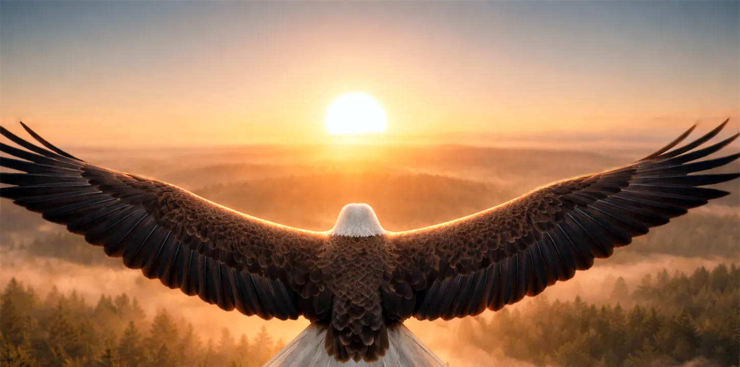 Adler mit ausgebreiteten Flügeln fliegt in den Sonnenaufgang — Symbolbild für die Adler-Perspektive der Online Leaders Academy