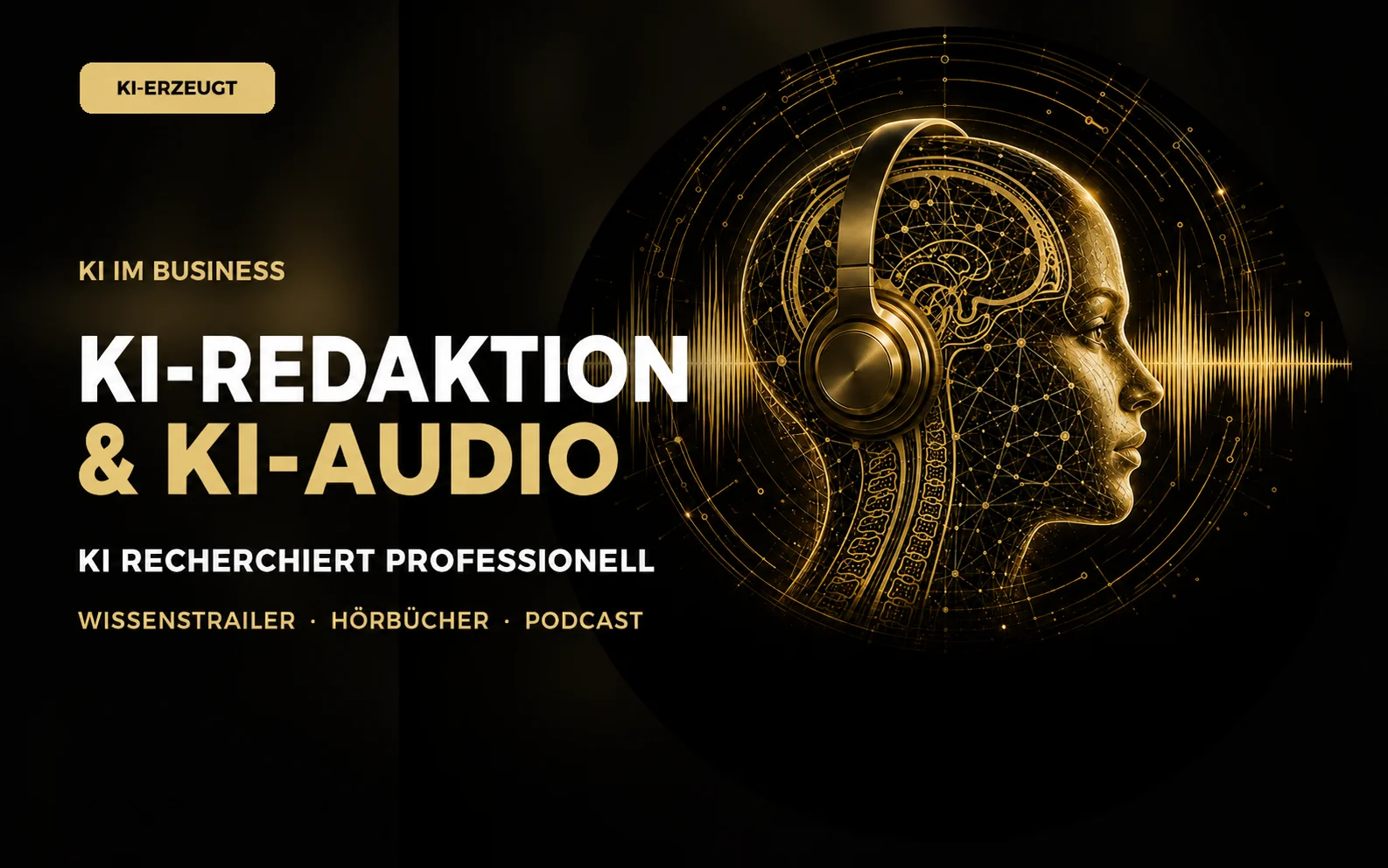 Goldener KI-Kopf mit Kopfhörern und Audiowelle, als KI-erzeugt gekennzeichnet